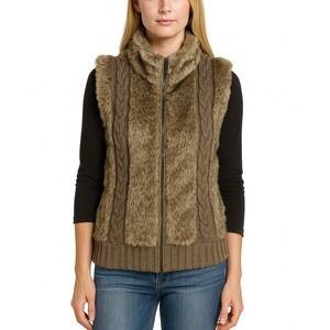 Carte Brown Faux Fur Knit Sweater Vest Zip Front Size Large